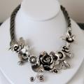 Pearls Plus Sterling Silver Crystal Leaves and Flowers Necklace