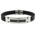 Two-tone Stainless Steel Men's Black Leather ID Bracelet