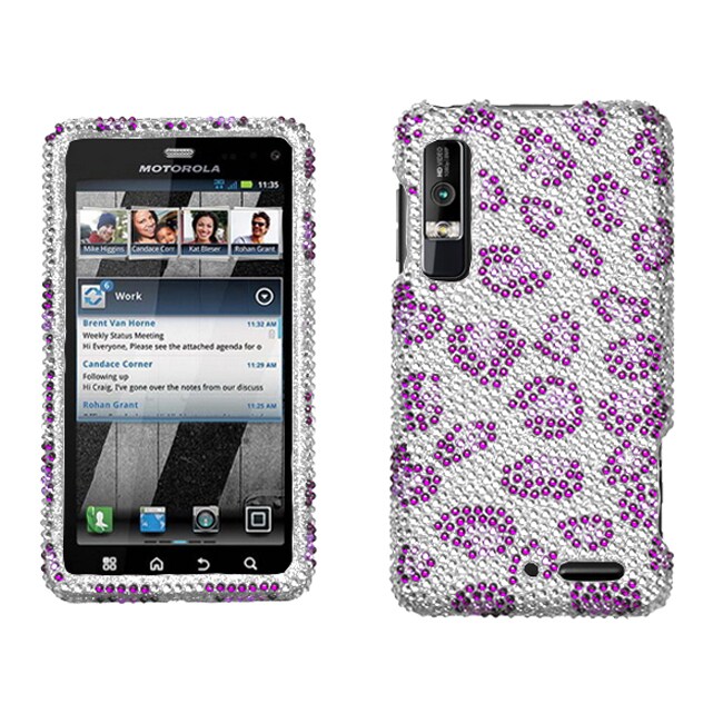 Premium Motorola Droid 3 Silver/ Purple Leopard Rhinestone Case
