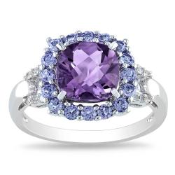 Sterling Silver Amethyst, Tanzanite and Diamond Accent Ring