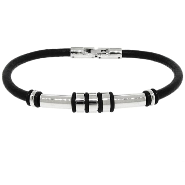 Two tone Stainless Steel and Black Leather Bracelet