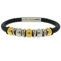 Two-tone Stainless Steel and Black Leather Bracelet