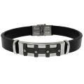 Stainless Steel and Black Leather Men's Bracelet