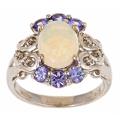 Sterling Silver Australian Opal, Tanzanite and Diamond Accent Ring