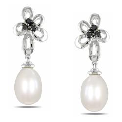 Sterling Silver 1/10ct TDW Black Diamond and Pearl Earrings (7-7.5 mm)