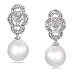 Miadora Sterling Silver FW Pearl and Diamond Accent Dangle Earrings (G-H, I3)