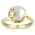 Gold Over Silver Freshwater Pearl and Diamond Accent Ring