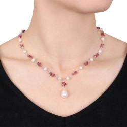 Sterling Silver Pink Tourmaline and FW White Pearl Necklace (4-9 mm)