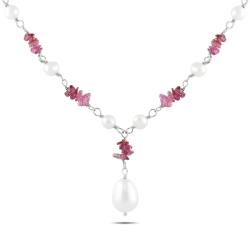 Sterling Silver Pink Tourmaline and FW White Pearl Necklace (4-9 mm)