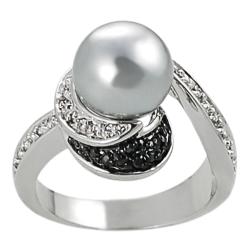 Silvertone Gray Faux Pearl, Black and White Cubic Zirconia Ring