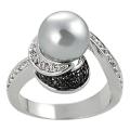 Silvertone Gray Faux Pearl, Black and White Cubic Zirconia Ring
