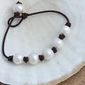 Handknotted White Freshwater Pearls Brown Leather Adjustable Bracelet (10mm) (USA)