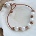 Handknotted White Freshwater Pearls Tan Leather Adjustable Bracelet (10mm) (USA)