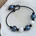 Handknotted White and Peacock Freshwater Pearls Black Leather Adjustable Bracelet (10mm) (USA)