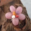 Silvertone Pearl, Agate and Carnelian Flower Ring (5-7 mm)(Thailand)