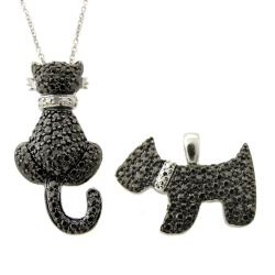 Fusion Silver Overlay Black Diamond Accent Cat and Dog Necklace