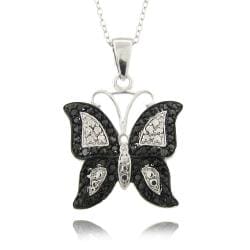 Fusion Silver Overlay Diamond Accent Black and White Butterfly Necklace