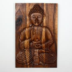 Oil Rubbed Buddha Chestnut Wood 'Sakyamuni Seated' Carved Panel (Thailand)