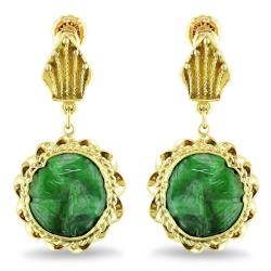 14k Yellow Gold Fancy Green Jade Antique Dangle Earrings