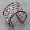 Freshwater Black Pearl and Crystal Mesh Cotton Cuff (5-10mm)(Thailand)