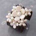 Mother of Pearl and Pearl Floral Blossom Leather Cuff Bracelet