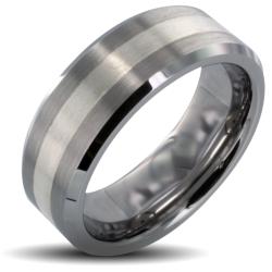 Men's Tungsten Carbide Silver Stripe Inlay Beveled Edge Ring (8mm)