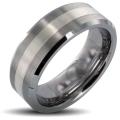Men's Tungsten Carbide Silver Stripe Inlay Beveled Edge Ring (8mm)