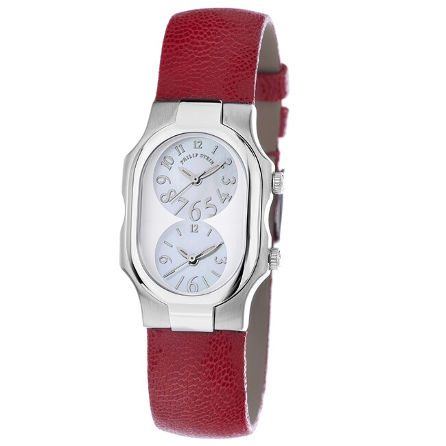 Philip Stein Womens Signature Red Leather Strap Dual Time Watch