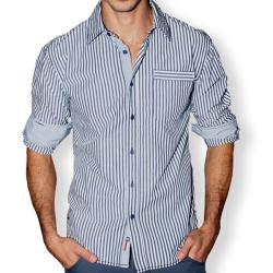 191 Unlimited Men's Blue Stripe Contrast Cuff Slim Fit Shirt