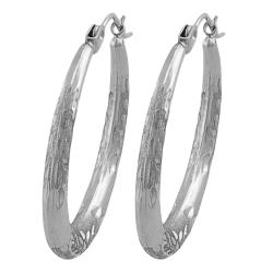 14k White Gold Graduated Diamond-cut Hoop Earrings