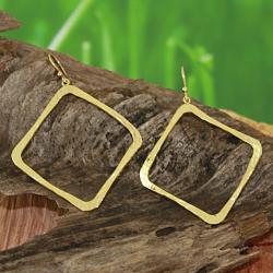 Hammered Tumbaga Wavy Square Dangle Earrings (Mexico)