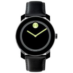 Movado Men's Green Accent Black Leather Watch 