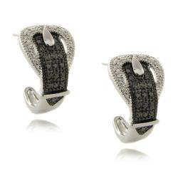 Finesque Silver Overlay Diamond Accent Black and White Buckle Hoop Earrings