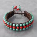 Red Coral/ Turquoise Embellished Leather Bracelet (Thailand)