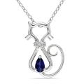 Silver Created Sapphire and Diamond Accent Cat Necklace (H-I, I3) (1/3ct TGW)