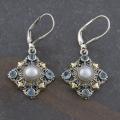 18k Gold and Silver Blue Topaz and Freshwater Pearl 'Cawi' Earrings (Indonesia)