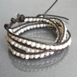 White Freshwater Pearl Tribal Wrap Leather Bracelet (4 mm)(Thailand)