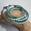 Reconstructed Turquoise Leather Tribal Wrap Bracelet (Thailand)