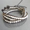 White Freshwater Pearl Tribal Wrap Leather Bracelet (4 mm)(Thailand)