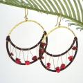 Goldtone Half-Moon Red Coral Hoop Earrings (Thailand)