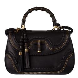 Gucci New Black Leather and Bamboo Large Top Handle Bag 