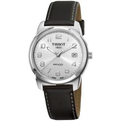 Tissot Men's PR-100 Silver Dial Black Leather Strap Quartz Watch