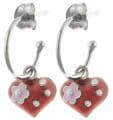 Sterling Silver Crystal Red Enamel Heart Charm Earrings