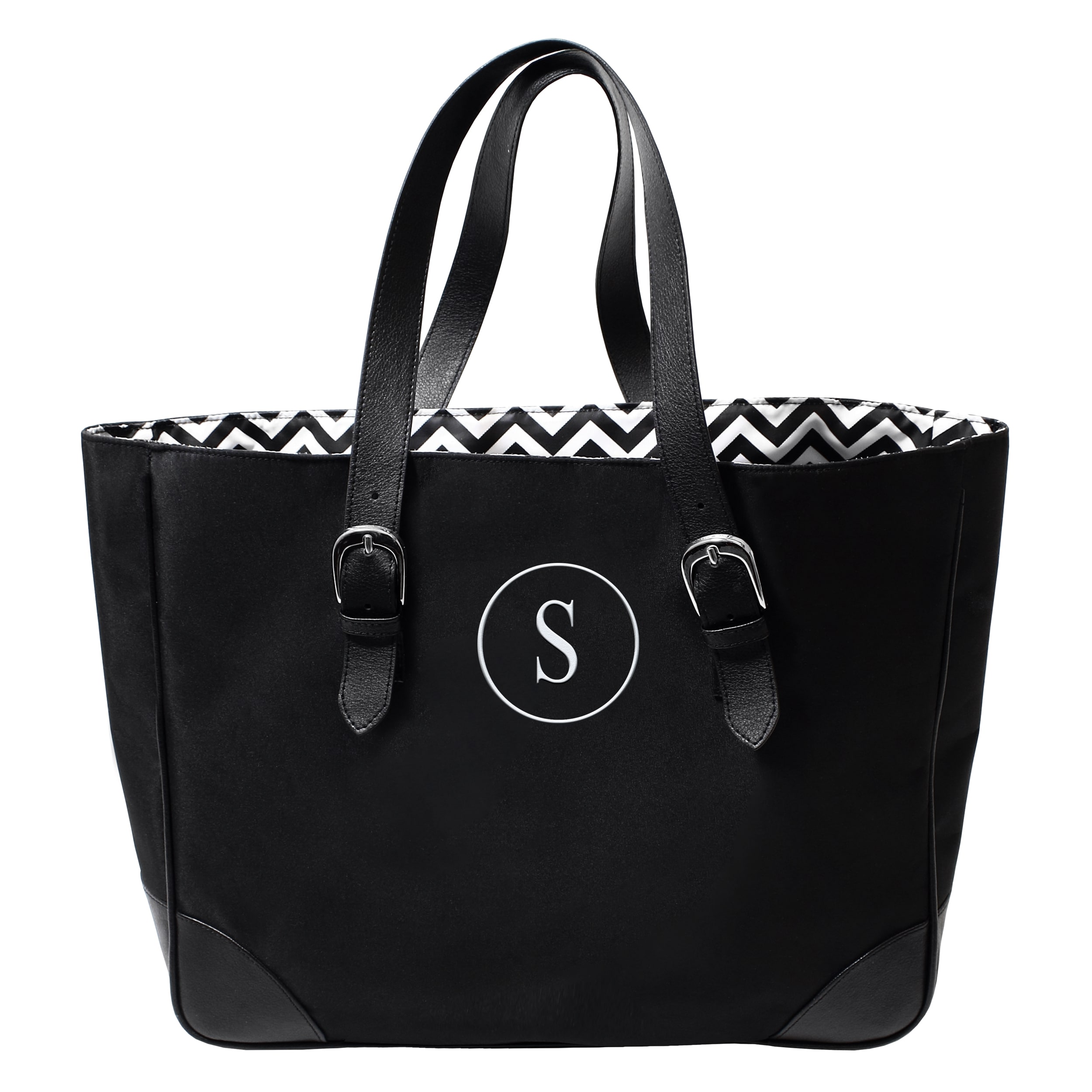 Personalized Black/ White Chevron Buckle Tote Bag - Overstock Shopping - Great Deals on Tote Bags