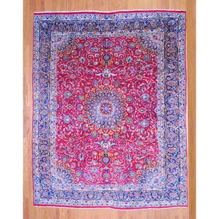 Persian Hand-knotted Mashad Red/ Navy Wool Rug (9'7 x 12'3)