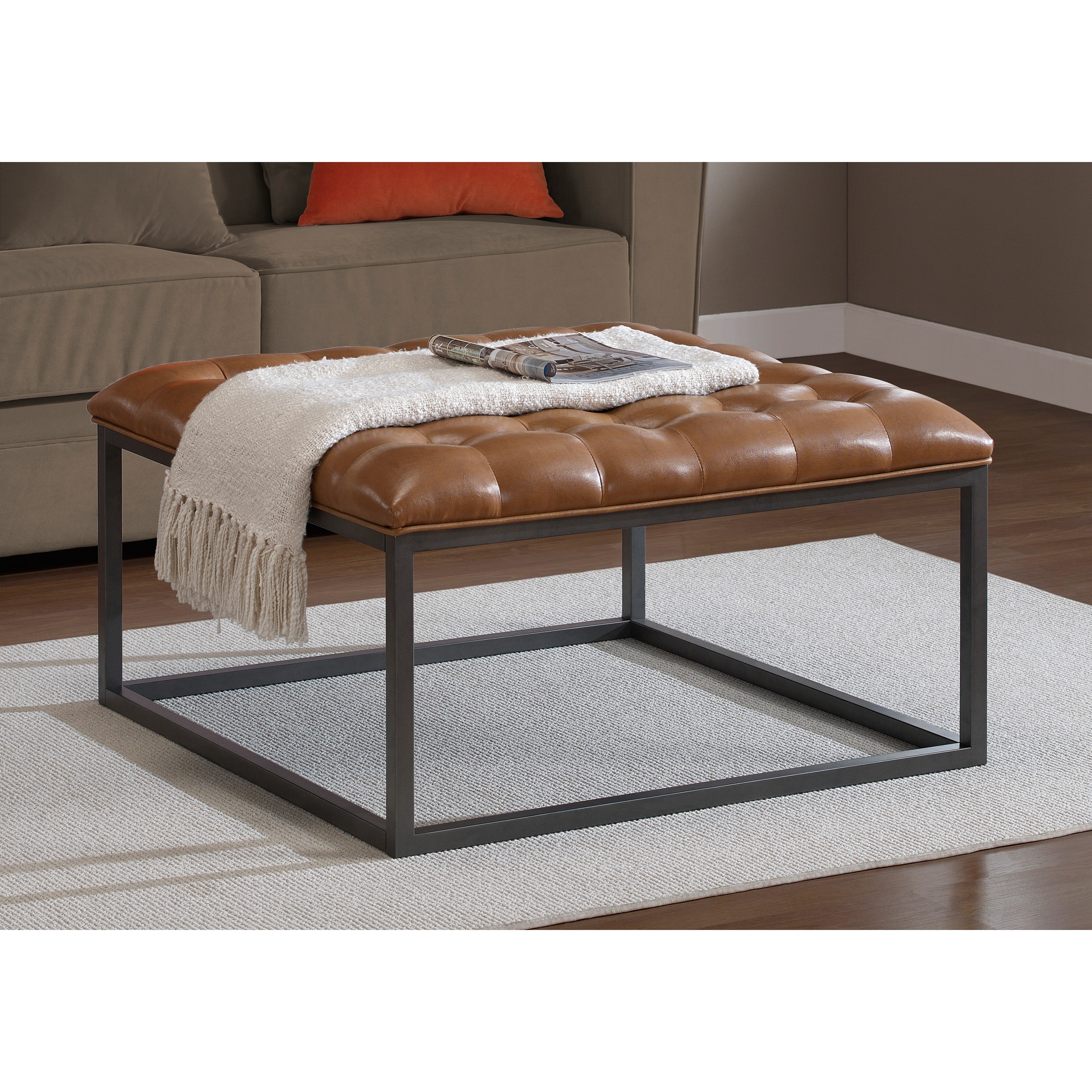 Healy Saddle Brown Leather Tufted Ottoman - Overstock Shopping - Great