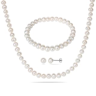 M by Miadora Silvertone White Cultured Freshwater Pearl Jewelry Set (6-7 mm)