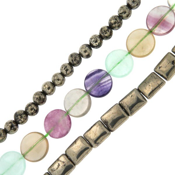 Pearlz Ocean Fluorite and Pyrite Loose Bead Strands Set of 3