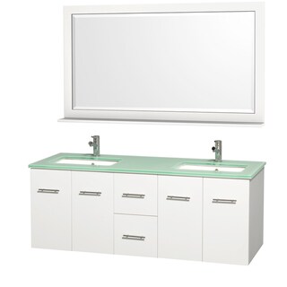 (>_<)  Centra White/ Green Glass 60-inch Double Bathroom Vanity Set