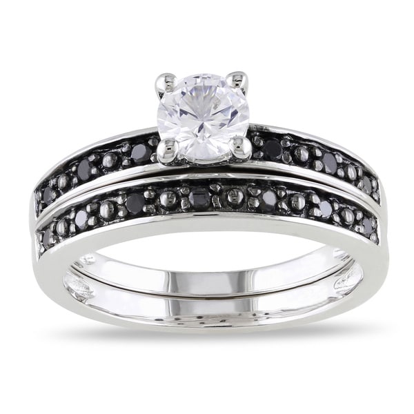 Miadora Silver White Sapphire and 15ct TDW Black Diamond Ring Set